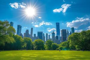 ai generado un ciudad horizonte enmarcado por el vastedad de un claro, azul cielo foto