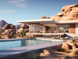AI generated A modern house nestled within a vibrant desert landscape photo