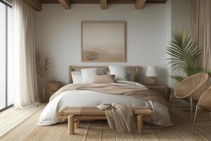 AI generated A minimalist-style bedroom sanctuary, featuring minimalist furniture arrangements photo