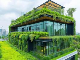 AI generated A modern office building showcasing sustainable design and green building practices photo