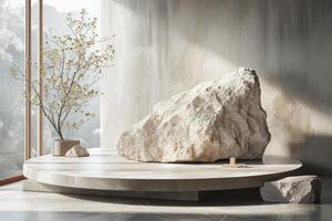 AI generated A podium with raw beauty of natural rock textures photo