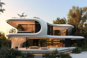 AI generated A modern house where robotics and automation are seamlessly integrated into every aspect of the exterior design photo