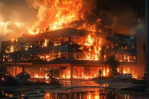 ai generado edificio atrapado en llamas foto