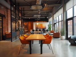 AI generated A modern co-working space, with communal tables, cozy nooks, and vibrant decor photo