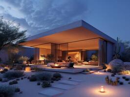 AI generated A contemporary desert retreat illuminated by the soft glow of lanterns and fire pits photo