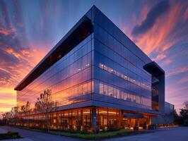 AI generated A modern office building illuminated by the soft glow of twilight photo