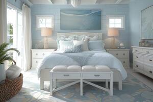 ai generado un estilo costero dormitorio oasis, presentando inspirado en la costa mueble diseños foto