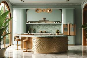 AI generated Art Deco-inspired kitchen with soft pastel hues, geometric patterns photo