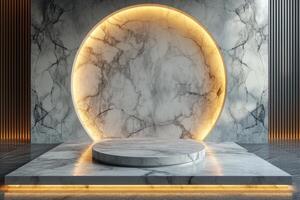 AI generated A podium with minimalist design features, accented by luxurious marble textures photo
