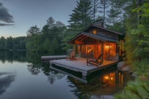 ai generado un encantador orilla del lago bungalow anidado entre imponente pinos foto