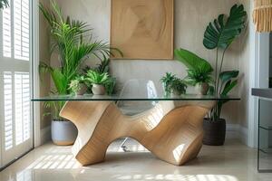 AI generated A minimalist office interior with a sculptural plant stand photo