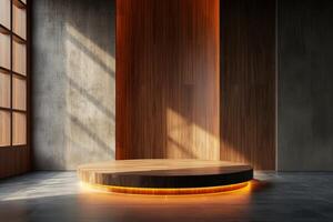 ai generado un minimalista podio caracterizada por sus pulcro madera texturas foto