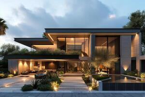 AI generated A modern exterior house against a backdrop of soft black photo