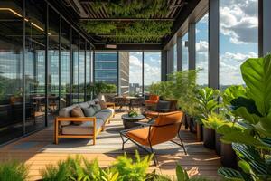 ai generado un luz escena dónde empleados disfrutar un momento de respiro en un techo terraza de un moderno oficina torre foto