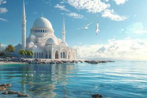 A beautiful blue ocean with a white mosque building in the background photo