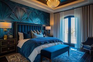 AI generated Art Deco-inspired bedroom characterized by bold geometric patterns photo