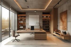 ai generado un minimalista moderno oficina con un flotante escritorio suspendido desde el techo foto