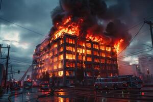 ai generado edificio atrapado en llamas foto