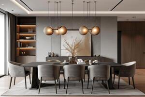 AI generated A modern dining room design featuring sleek furnishings photo