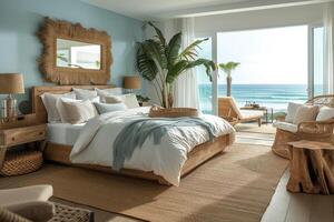 AI generated A coastal-inspired bedroom retreat, complete with panoramic ocean views photo