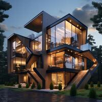 AI generated A multi-story modern house building featuring expansive glass windows photo