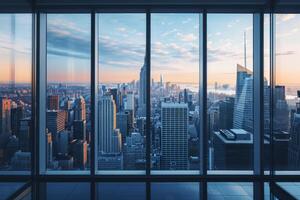 AI generated Top of a modern office tower, with panoramic views of the city skyline stretching out in all directions photo