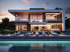 AI generated A modern house nestled within the heart of a bustling metropolis photo