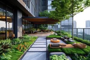 AI generated The rooftop garden of a modern office tower offers a tranquil retreat for employees photo