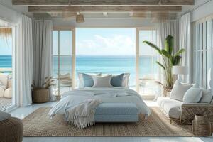 AI generated A coastal-style bedroom oasis, featuring panoramic ocean views photo