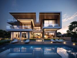 AI generated A modern house nestled within the heart of a bustling metropolis photo