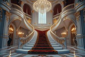 AI generated A luxury castle interior featuring a spiral staircase wrapped in luxurious velvet photo