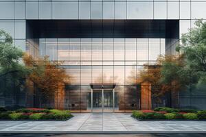 AI generated A minimalist office building facade featuring sleek glass panels, steel accents, and minimalist landscaping photo