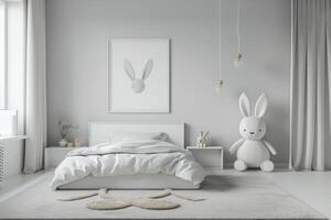 AI generated A minimalist kids' bedroom featuring clean lines and a neutral color palette photo