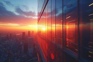 ai generado un moderno oficina torre bañado en el calentar resplandor de el amanecer foto