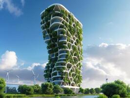 ai generado un sostenible oficina torre motorizado por renovable energía foto