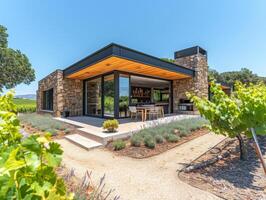 AI generated A Mid-century modern house nestled among vineyards photo