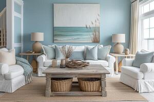 AI generated A coastal living room retreat, complete with coastal-inspired furniture pieces photo