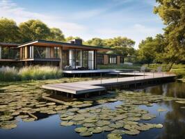 AI generated A modern house with panoramic views of the water stands amidst lush greenery and swaying reeds photo