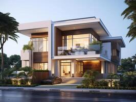 AI generated A modern house tucked away in a serene corner of a bustling cityscape photo