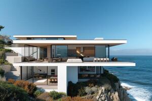 AI generated A modern minimalist house perched on a cliff overlooking the ocean photo