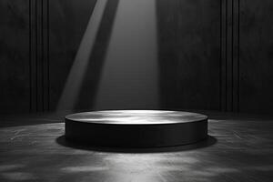 AI generated A minimalist podium adorned with dark, glossy finishes photo