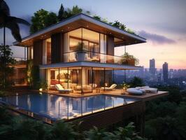 AI generated A modern house nestled within a vibrant urban jungle photo