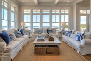 AI generated A coastal-style living room featuring sandy beige walls photo