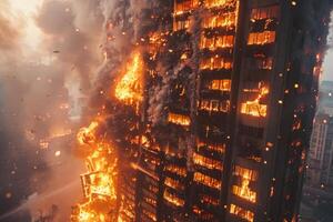 ai generado edificio atrapado en llamas foto