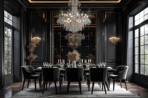 AI generated A black-themed dining room, complete with a sleek black dining table photo