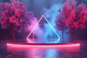 AI generated A podium featuring minimalist neon trees arranged in geometric patterns photo