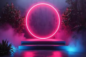 AI generated A minimalist podium characterized by its neon glow photo