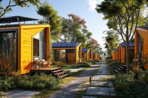 AI generated An eco-friendly tiny house village with solar panels photo