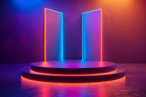 AI generated A minimalist podium characterized by its neon glow photo