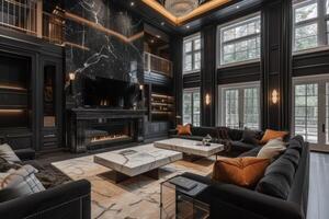 AI generated A luxurious living room with elegant black color schemes photo